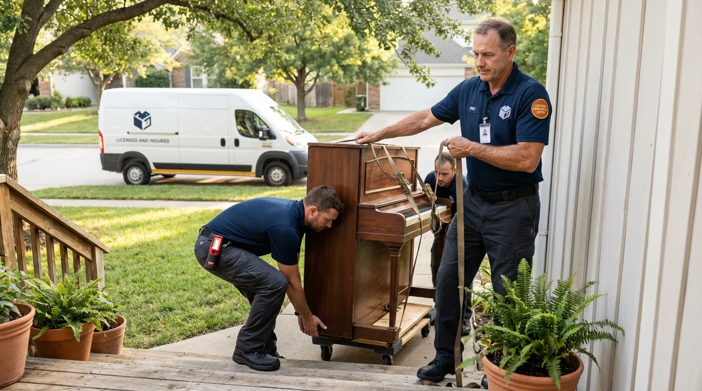Licensed piano movers securing grand piano in Gaylord, MN