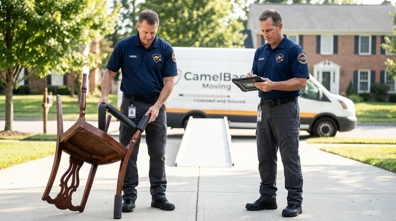 Movers inspecting furniture for damage prevention before loading in Gaylord, MN