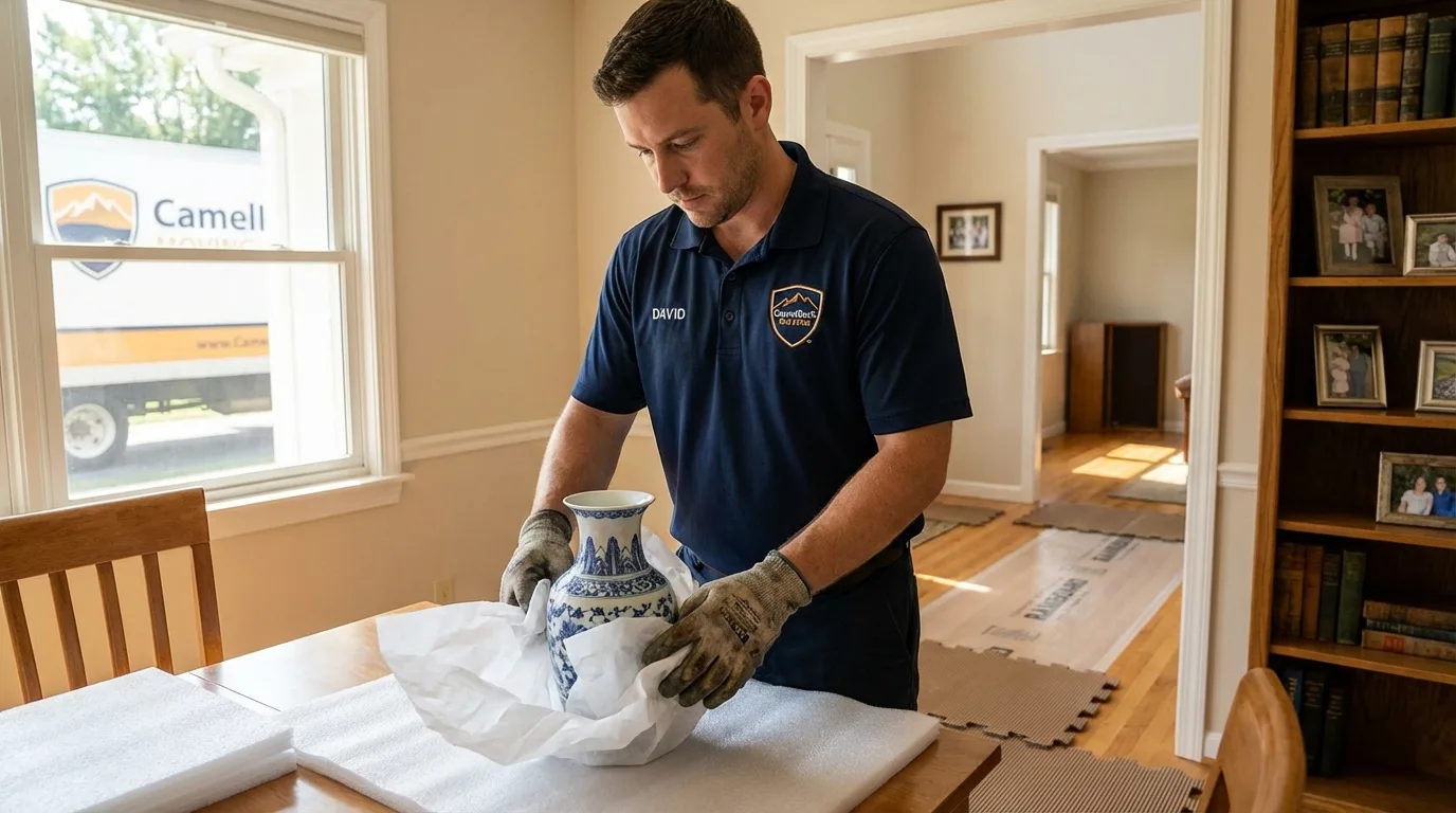 Professional crew carefully wrapping antique vase for senior downsizing move in Gaylord, MN